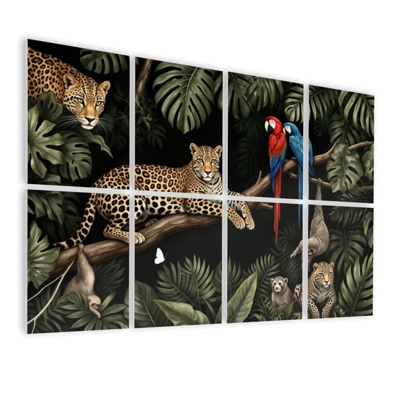 8 Pack Art Acoustic Panels Sound Absorbing Tropical Jungle Leopards Monkeys Parrots Sloths Decorative Soundproof Wall Panels Self Adhesive for Nursery Game Room Bedroom 48"x32"