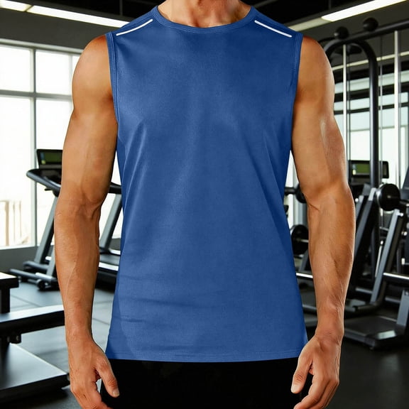 Ceisia Men's Solid Color Sleeveless Round Neck Tank Top Stretchy Casual Sports Vest Summer Basic Top Blue Gifts for Father 2X