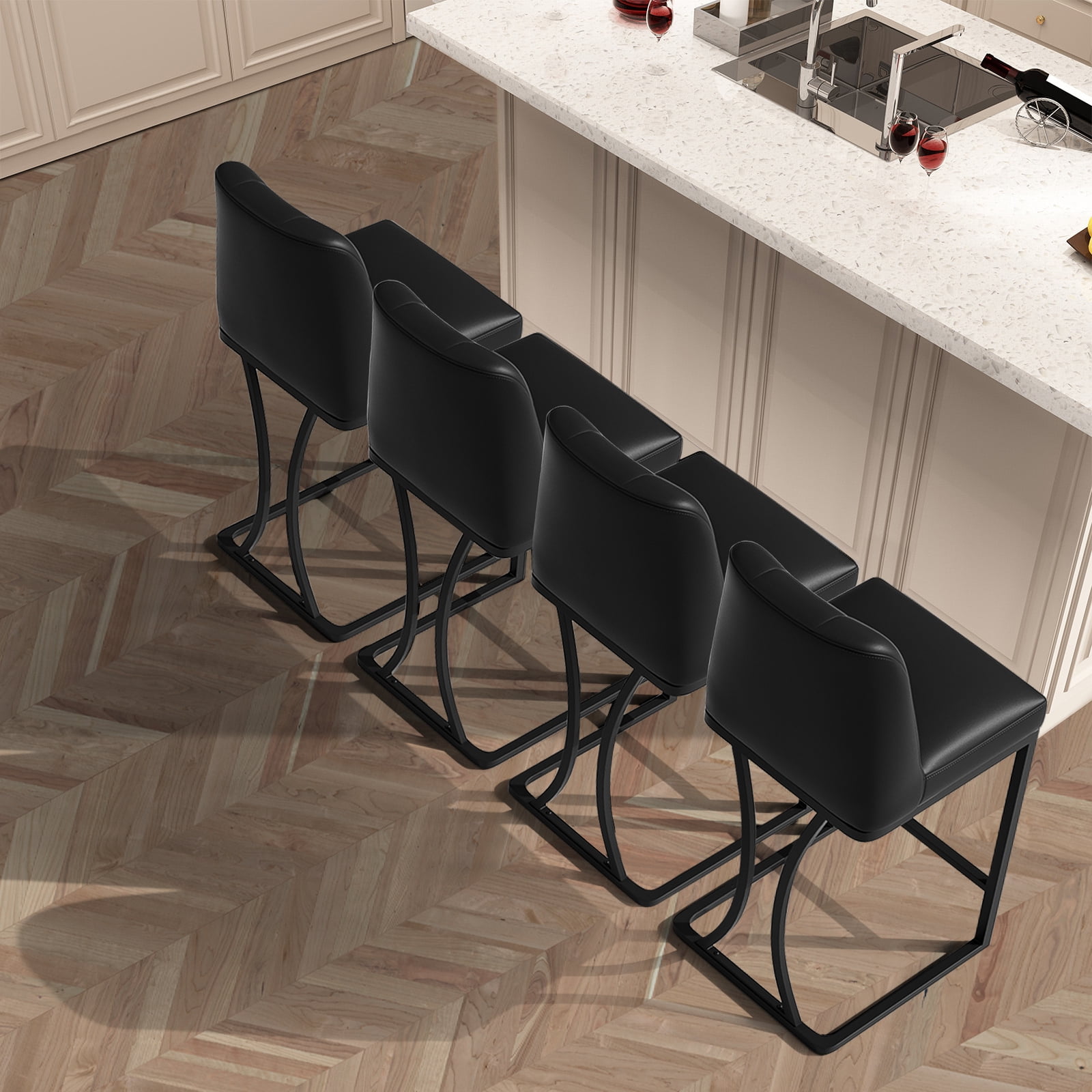 HomeZeer Counter Height Bar Stools Set of 4, Bar Stools with Back and Sliver Metal Frame, 24" Barstools with Footrest, Upholstered PU Leather Counter Stool Chairs for Kitchen Island,Black