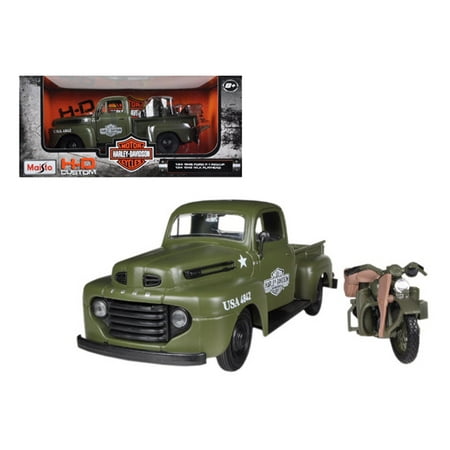 1948 Ford F-1 Pickup Truck Harley Davidson Flat Green With 1942 Harley Davidson WLA Flathead Motorcycle 1/25 by