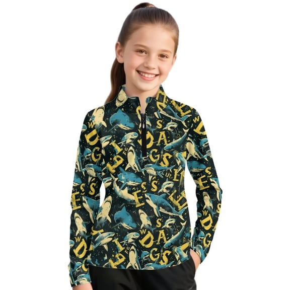 Psesaysky Toddler Girls Sweatshirts Shark Text Print Stand-up Collar Quarter Zip Pullover Long Sleeve Shirts Tops Girl Fall Winter Clothes 8-9 Years