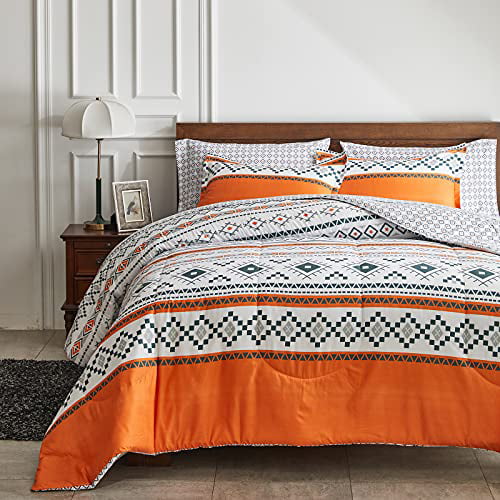 Flysheep Bed in a Bag 7 Pieces Queen Size 1 Comforter, 1 Flat Sheet, 1 Fitted Sheet, 2 Pillow Shams, 2 Pillowcases Black n White Bohemian Geometric Aztec Style Reversible Bed Comforter Set 
