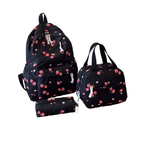 Weebloom Strawberry School Backpack With Lunch Box Pencil Case For Kids Girls Cute 3Pcs School Bags Set Large Capacity 3 Piece Cute Cartoon Travel Large Bookbag Elementary Middle School Black