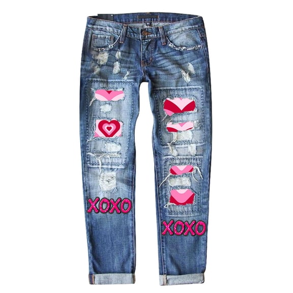 Denim Jeans for Women Valentines Heart Printed Ripped Straight Leg Mid Rise Denim Festive Pattern Plus Size Womens Jeans