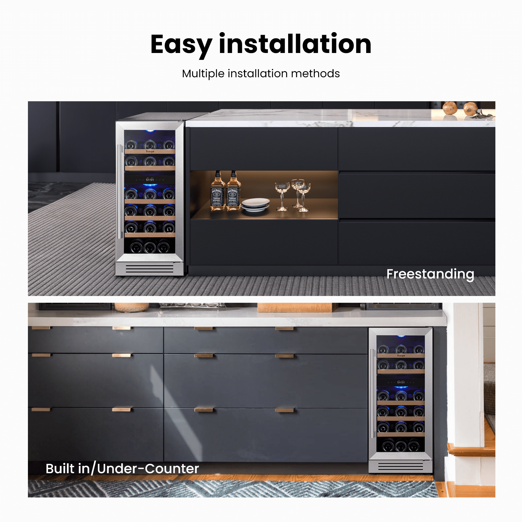 Yeego 15" Wine Cooler Refrigerator, 28 Bottle Dual Zone Wine Fridge with Glass Door for Home/Office, Built-in & Freestanding
