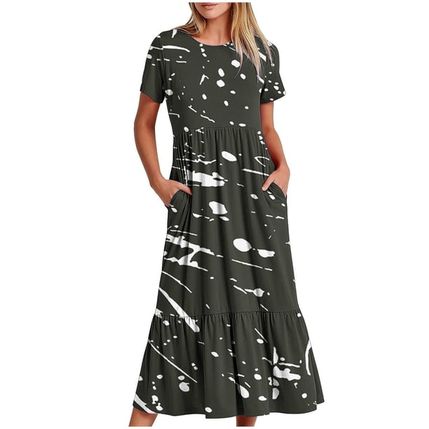 Vestido de Manga Corta para Mujeres Vestido de Verano de Cuello Redondo Impreso, Poliéster de Tamaño Verdadero Diario Y Vestido de Fiesta