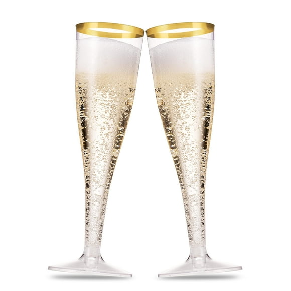 Munfix 100 Pack Gold Plastic Champagne Flutes, 5 Oz Clear Plastic Toasting Glasses Fancy Disposable Wedding Party Cocktail Cups with Gold Rim