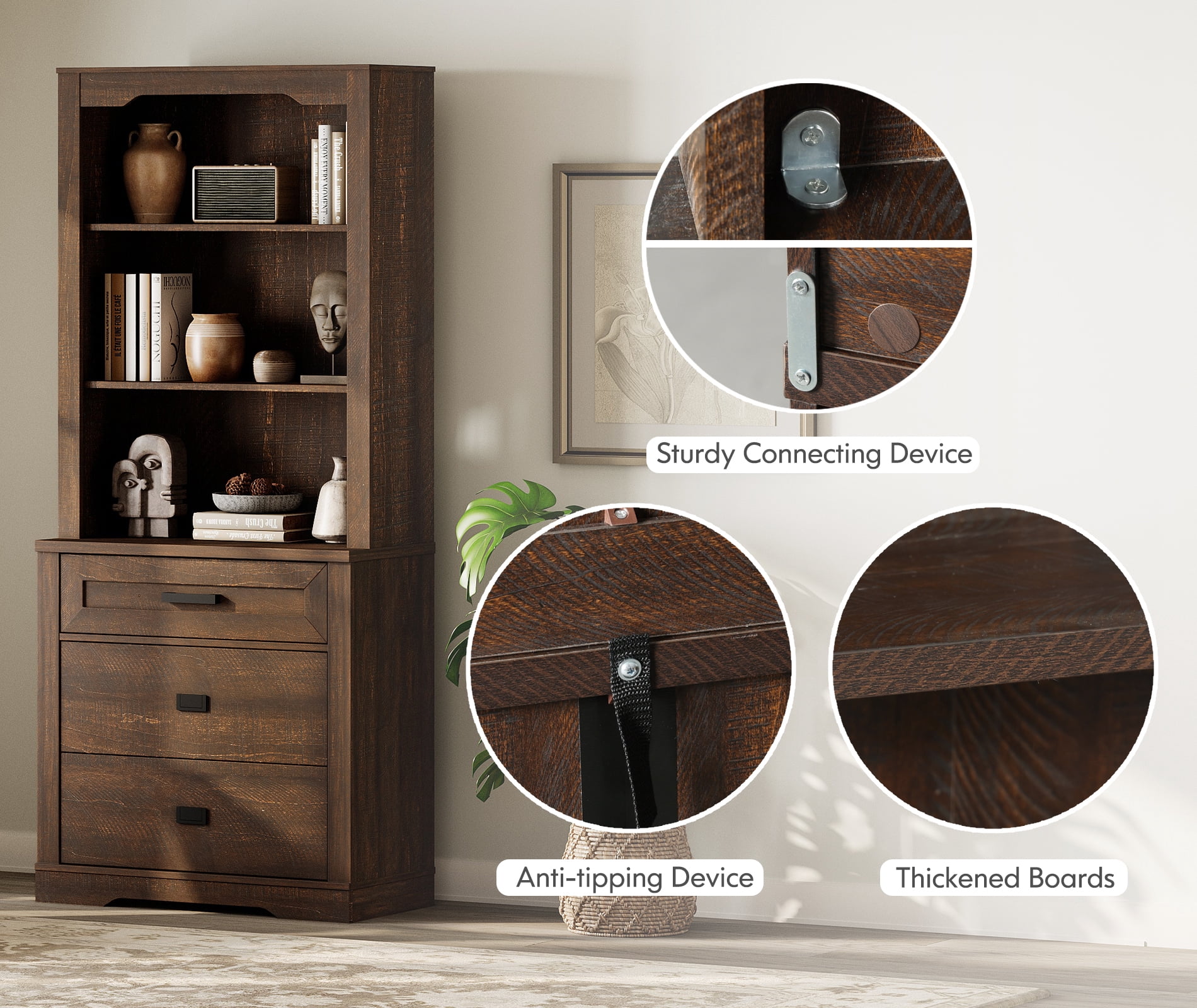 WAMPAT 3 Tier Bookcase with Drawer,73.3" Tall Floor Standing Bookshelf,Modern Farmhouse Display Storage Cabinet with Adjustable Shelves,Rustic Brown