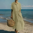 thumbnail image 3 of Crunowin Women's Summer Short Sleeve Button Down Shirt Dress, A-Line Flared Maxi Long Beach Casual Dress Beige L, 3 of 7