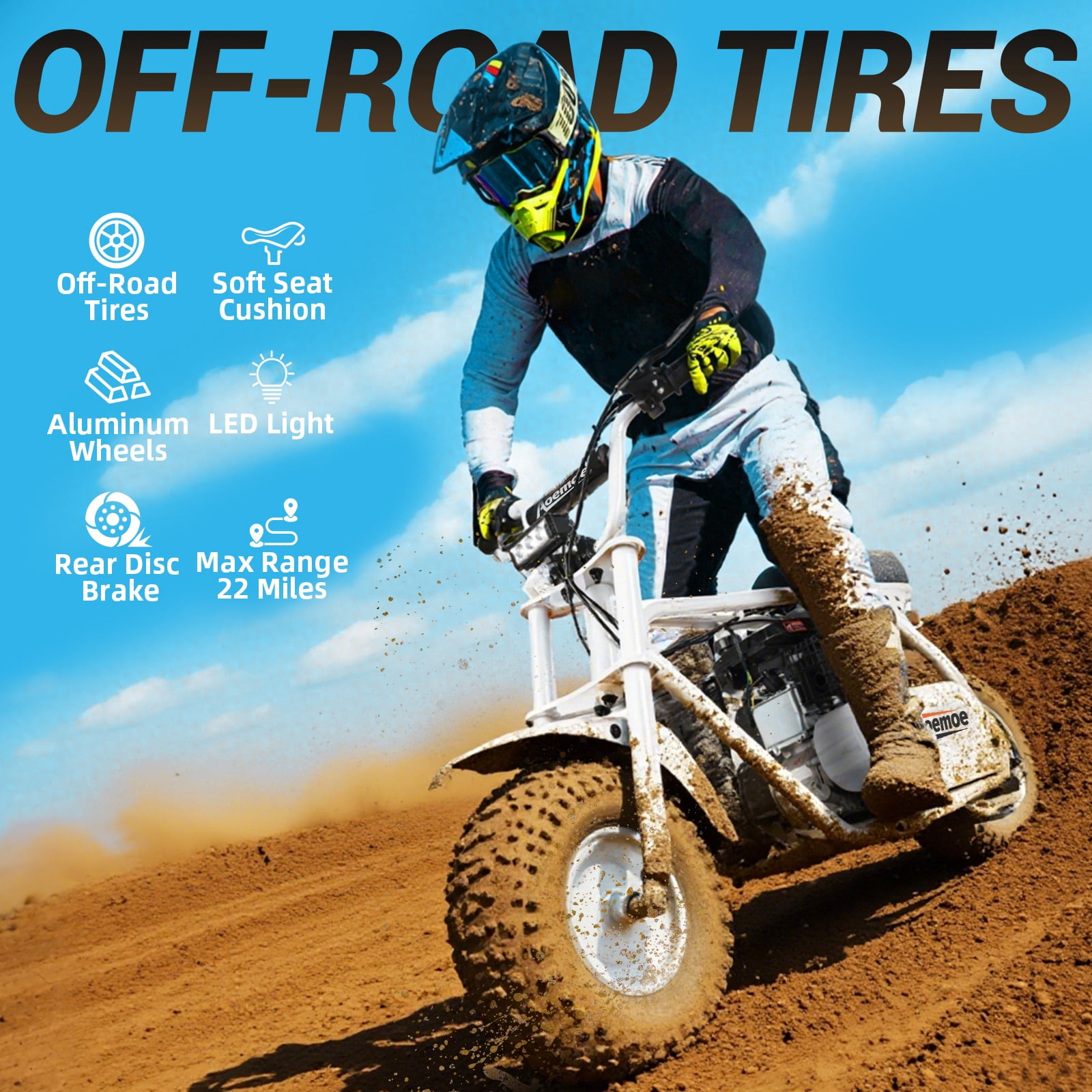 Aoemoe MB001 Gas Powered Mini Dirt Bike 99CC for Teens and Adults, 22MPH Off Road Motorcycle, Weight Support Up to 200 LBS - White