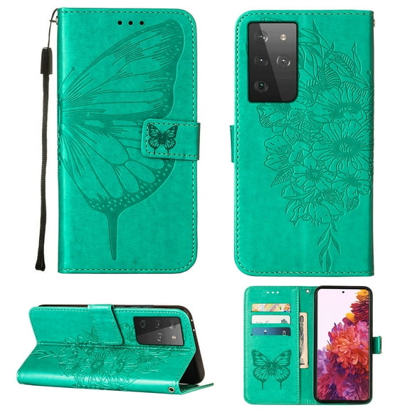 Dteck Samsung S21 Ultra Wallet Case, Magnetic Closure Flip PU Leather Wrist Strap Credit Card Holder Slots With Kickstand Butterfly Patterned Shockproof Cover For Samsung Galaxy S21 Ultra, Green