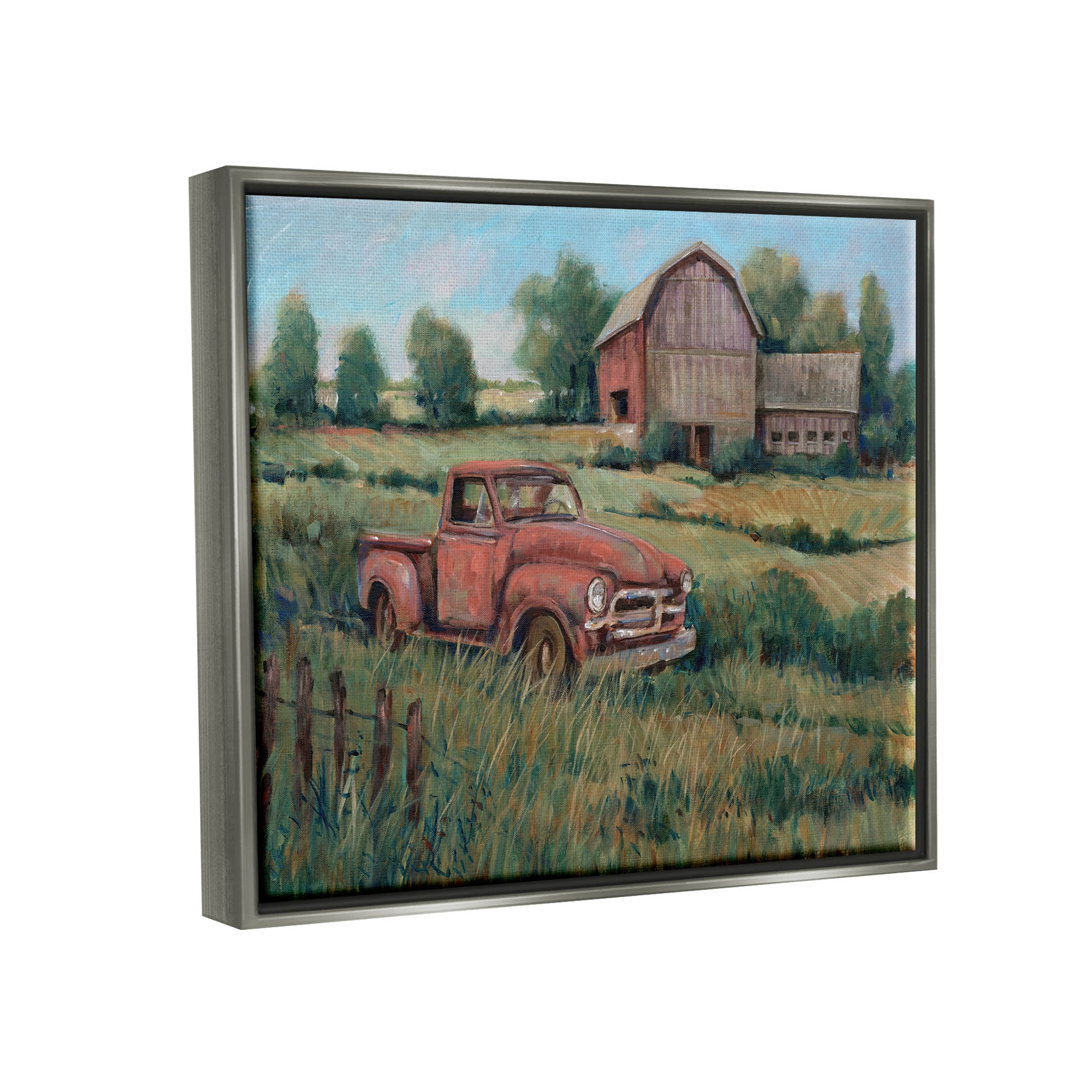 Stupell Industries Peaceful Farmland Truck Barn Scene Painting Luster Gray Floating Framed Canvas Print Wall Art, Design by Tim OToole