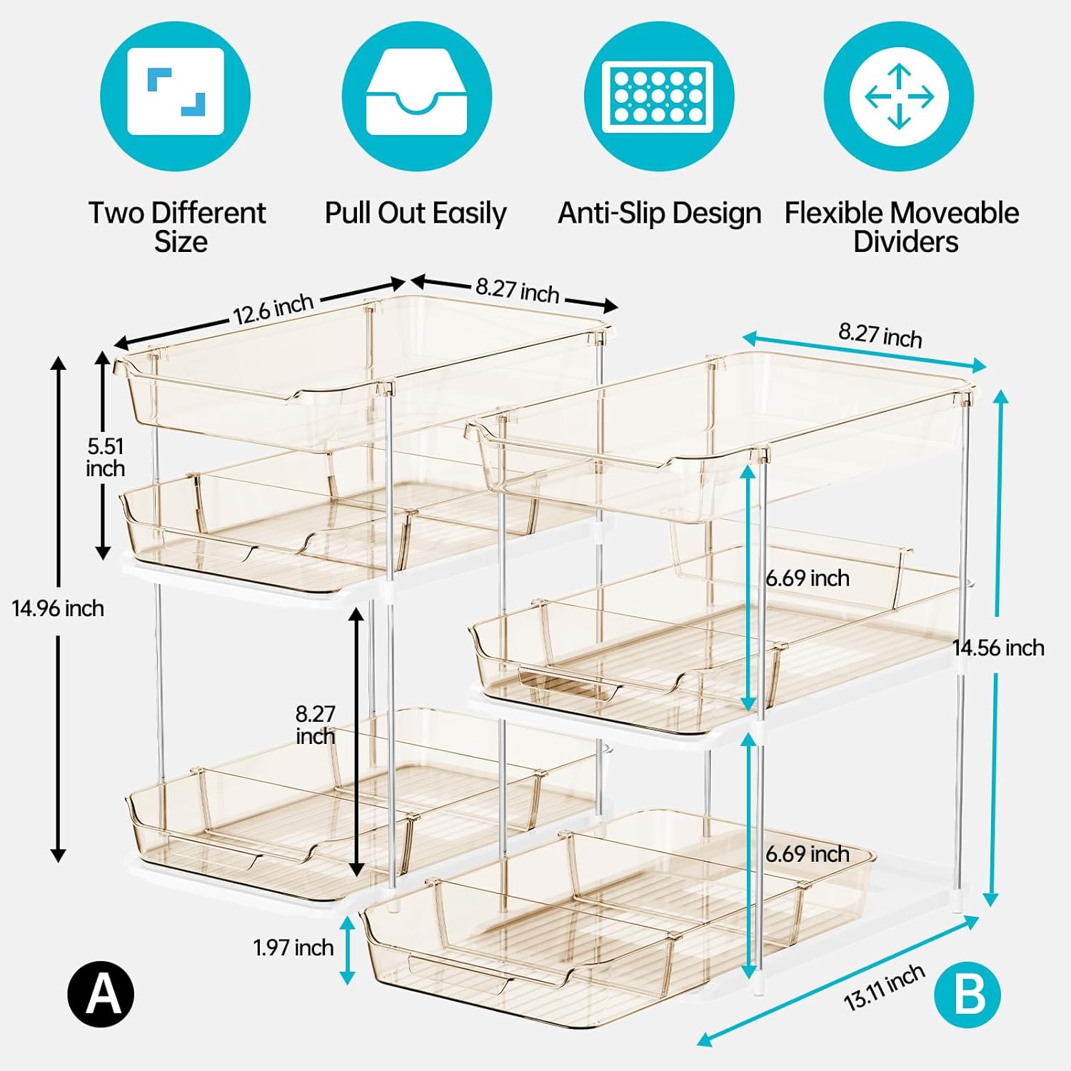2 Pack 3-Tier Bathroom Under Sink Organizers and Storage, Multi-Purpose Stackable Pantry Organization and Storage, Pull Out Clear Kitchen Bathroom Cabinet Organizer with Movable Dividers, Amber