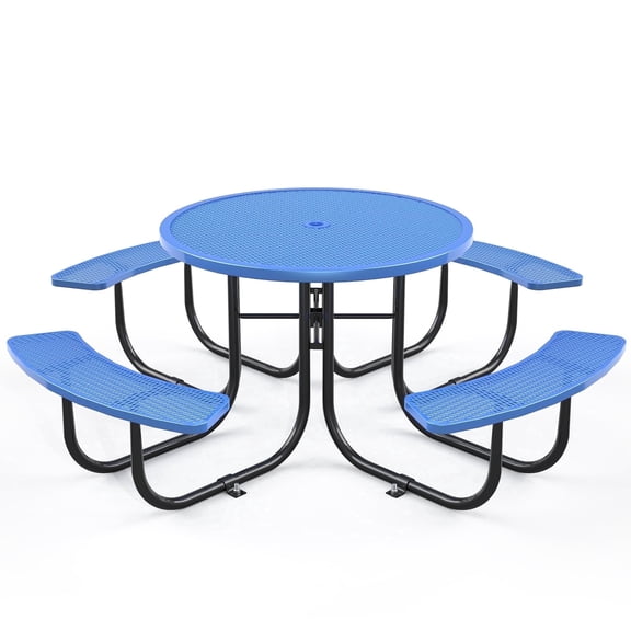 Chery Industrial 46" Expanded Metal Round Picnic Table with 4 Benches & Umbrella Hole, Blue