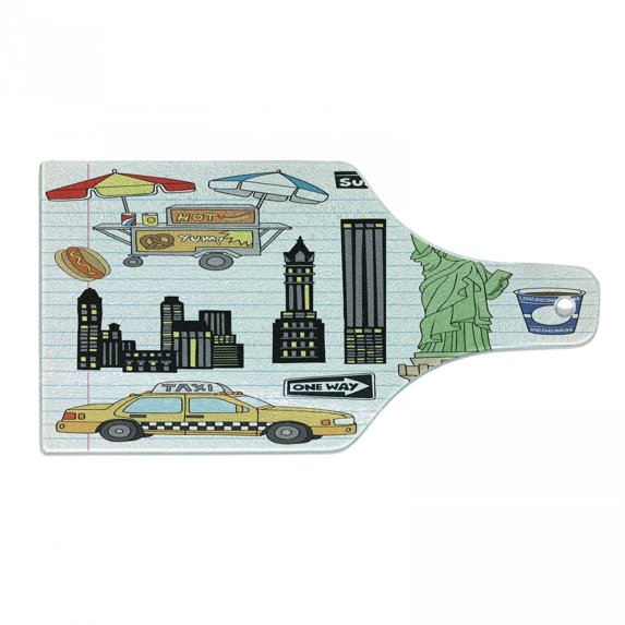 Hipster Cutting Board, New York City Manhattan of Liberty Big Apple Hot Dog Stand Sketch Style, Decorative Tempered Glass Cutting and Serving Board, Wine Bottle Shape, Multicolor, by Ambesonne