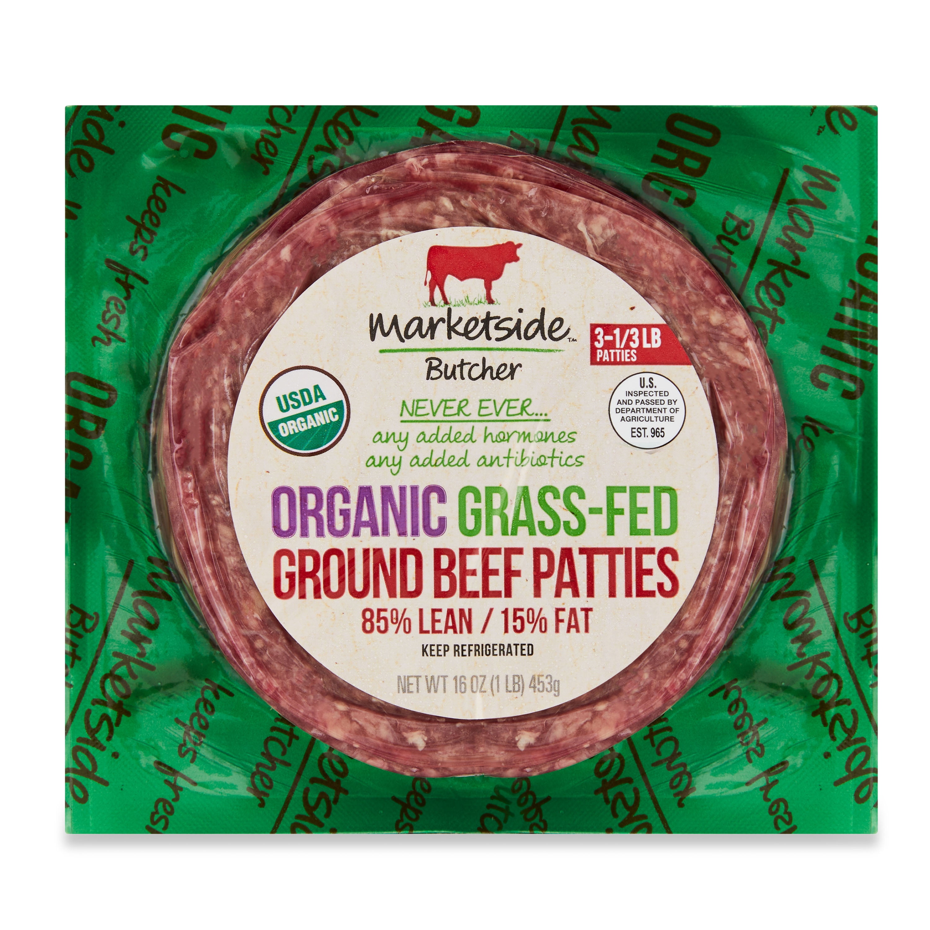 Marketside Organic GrassFed 85 Lean/15 Fat Ground Beef Patties, 1 lb