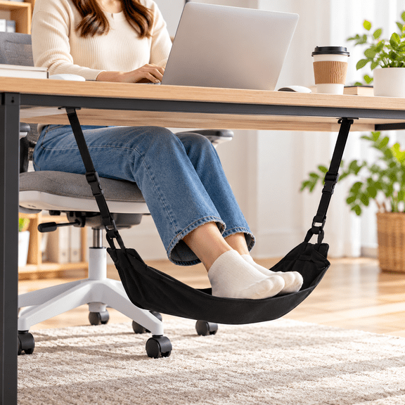 Ergonomic Under Desk Foot Hammock for Office - Adjustable Feet Rest & Airplane Travel Footrest (Black, 7.87 x 9.06 inches / 20 x 23 cm)