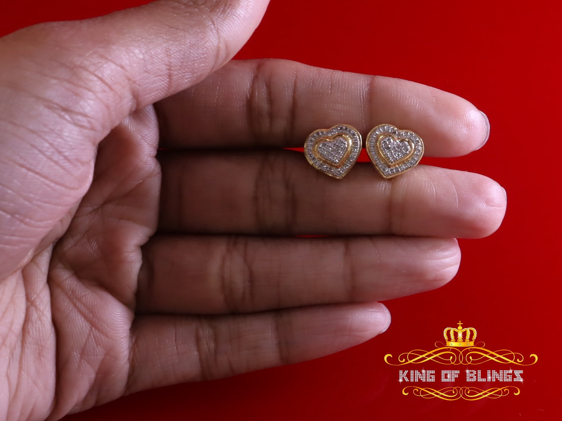 King of Bling's Real 10K Yellow Gold Heart Stud Earring with 0.25CT Diamond For Women And Men