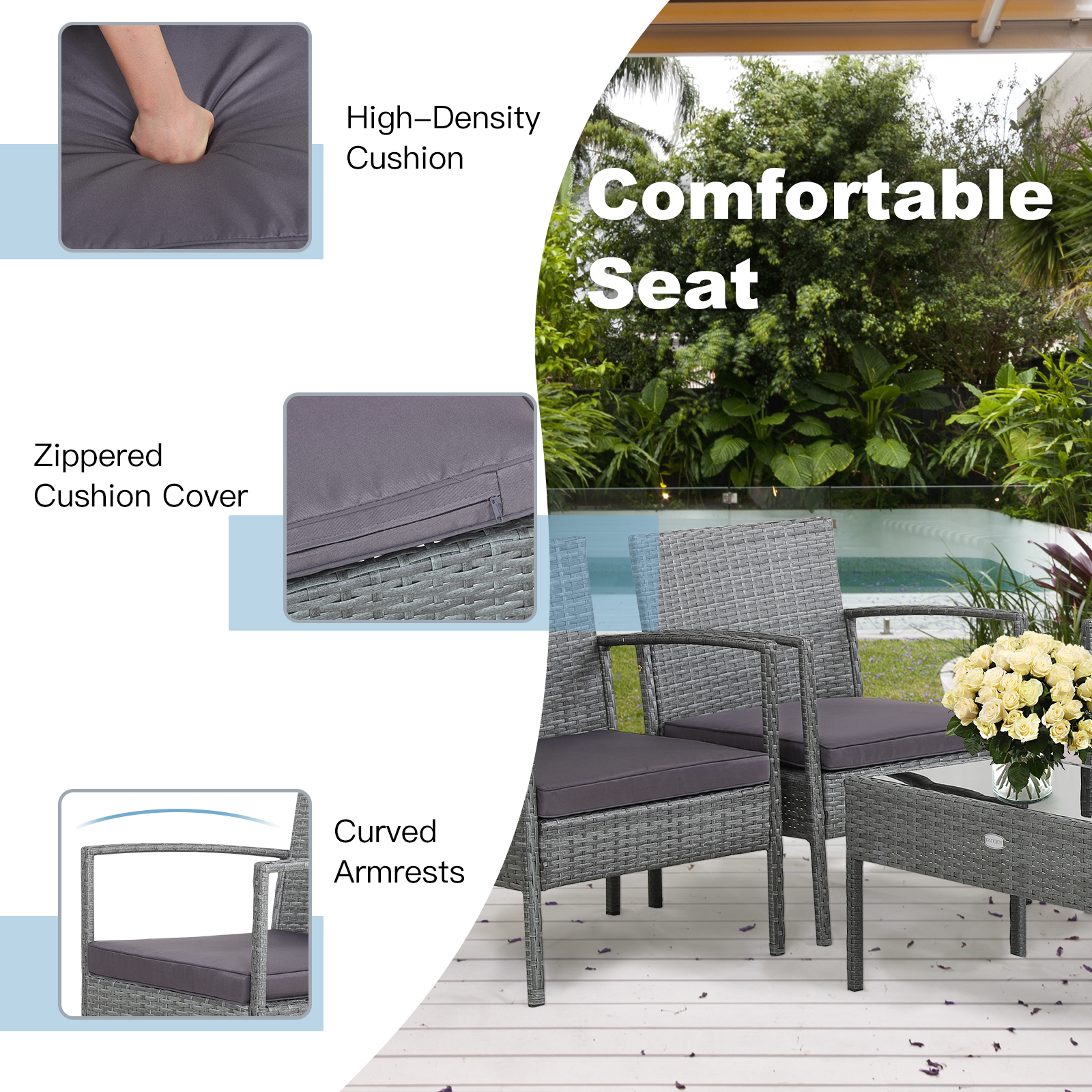 Patiojoy Patio Rattan 4PCS Cushioned Chair Side Table Classic Furniture Set Bistro Set Single Sofa Thick Cushion Loveseat for Garden Grey - image 3 of 9