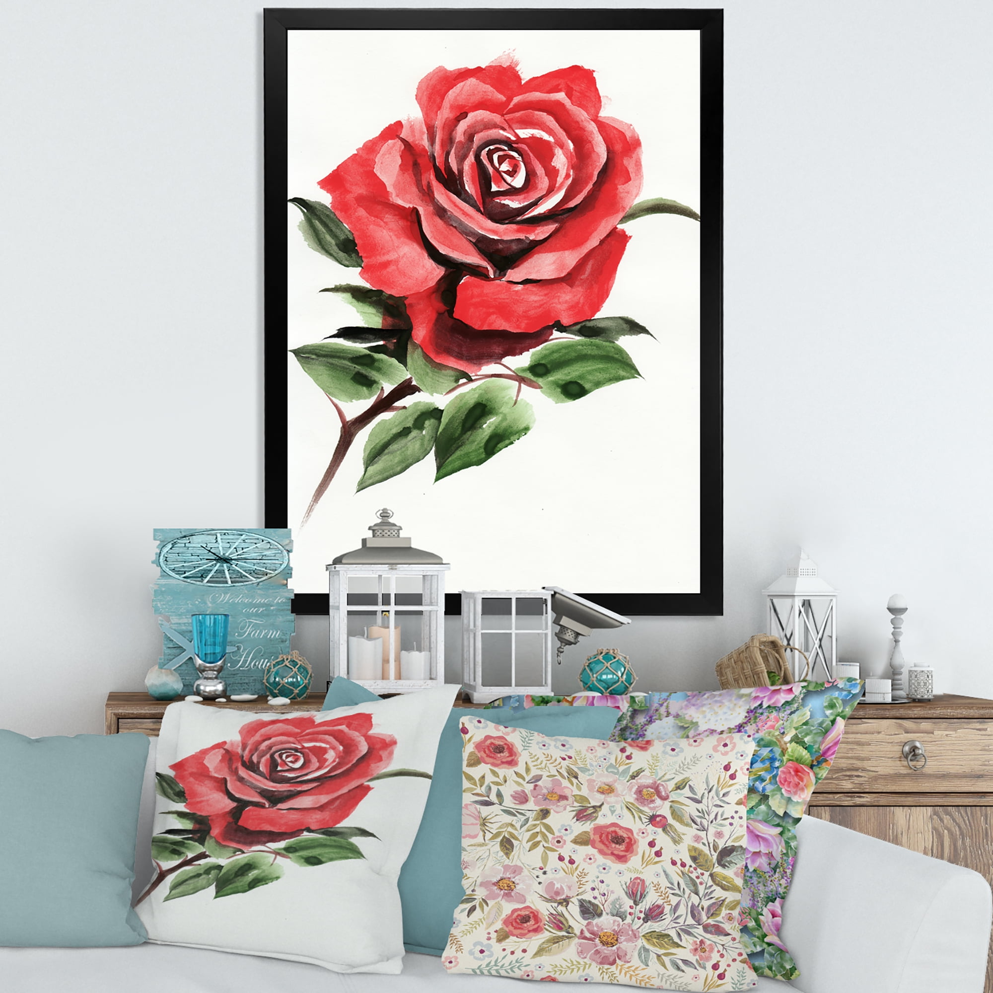 Designart 'Ancient Red Rose Flower III' Traditional Framed Art Print