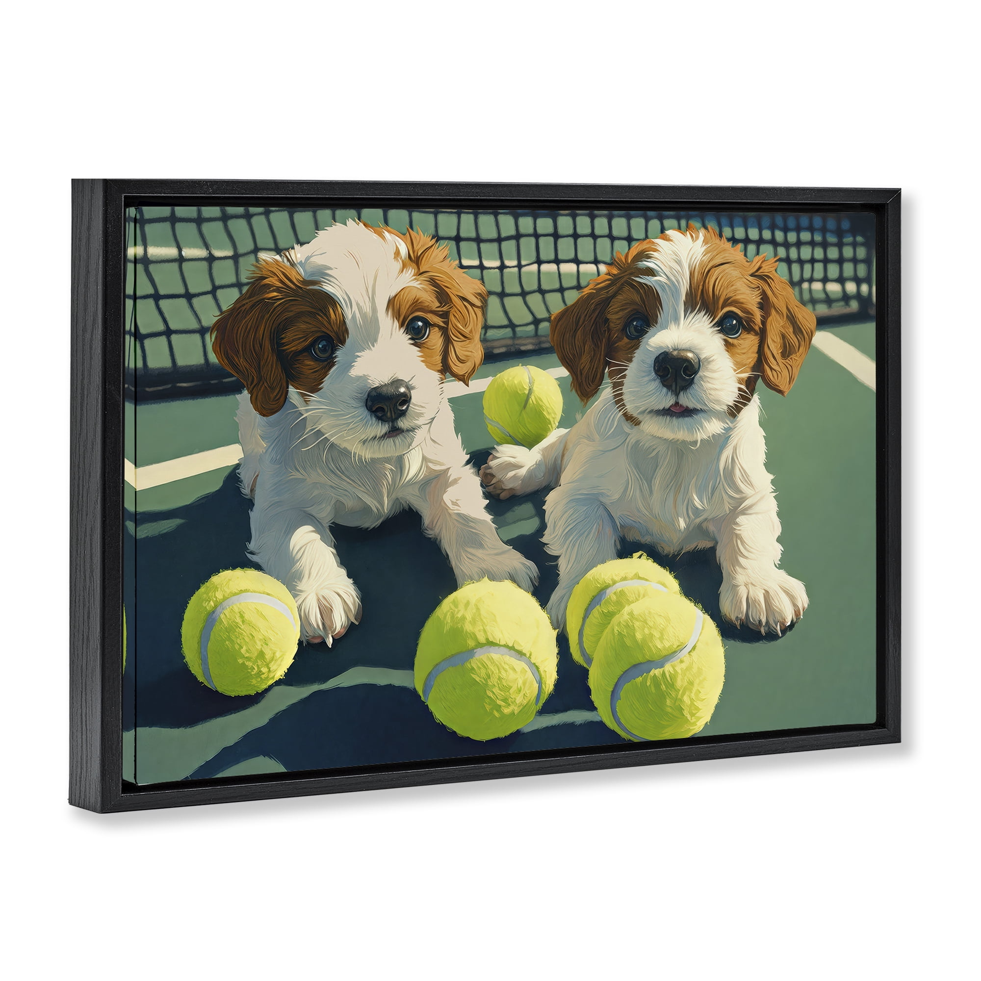 Stupell Industries Playful Puppies with Tennis Balls Black Framed Floater Canvas Wall Art, design by Imagine It Images