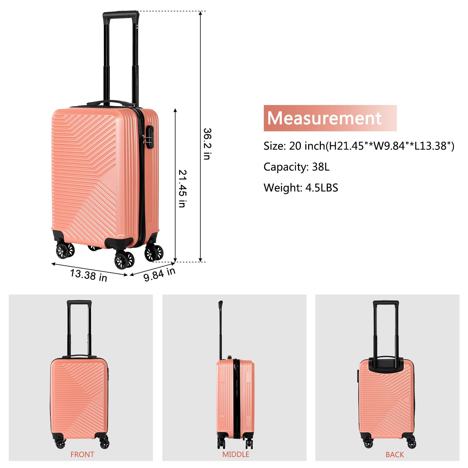 20 Carry on Hardside ABS Spinner Luggage with Lock and Wheels Rosegold Walmart