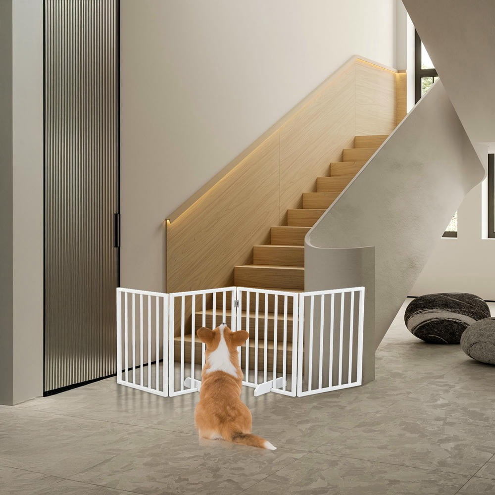 GVN Freestanding Pet Gate, Dog Gate,The Wooden Dog Fence White