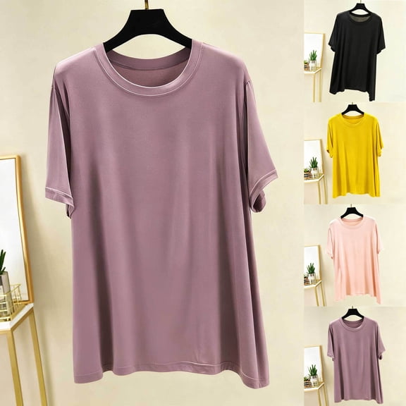YHAJDS Pajamas for Women Sleep Shirts Solid Color Short Sleeve Round Neck Nightgown Sleep Dress