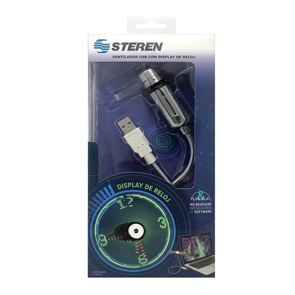 Ventilador USB Steren con Reloj LED Holográfico