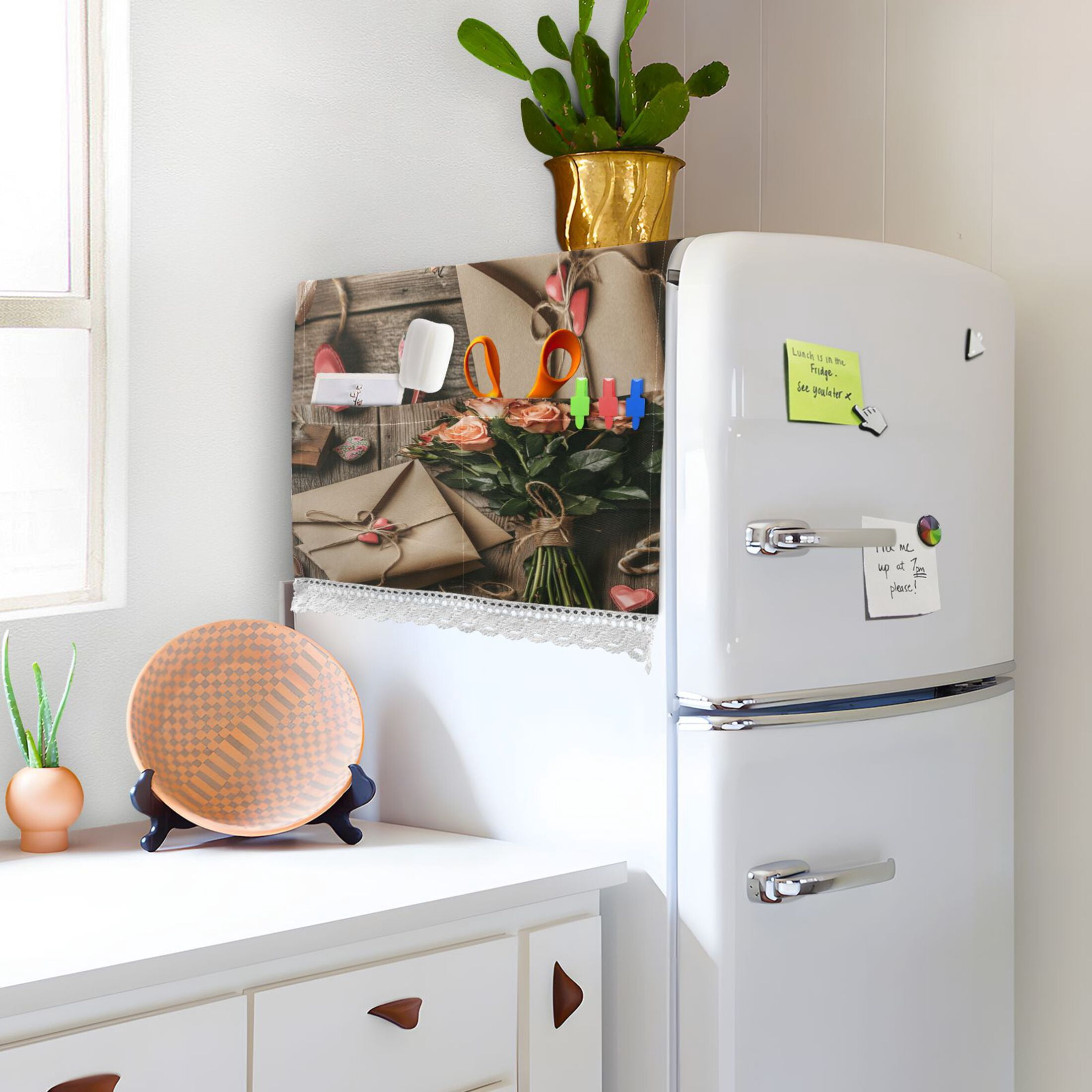Pink RoseWasher and Dryer Covers Dust-Proof and Oil Resistant Fridge Cover with 4 Storage Pockets Washing Machine Top Cover for Laundry Kitchen Home 51.2 x 22 In