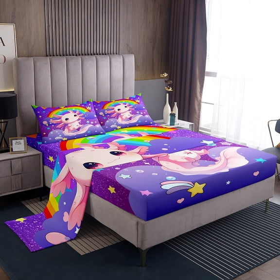 Manfei Cartoon Kawaii Axolotl Twin Sheet Sets,Purple Glitter Print Twin Fitted Sheet,Galaxy Stars Fantasy Flat Sheet For Girls Teens,Ultra Soft Home Decor,3pcs