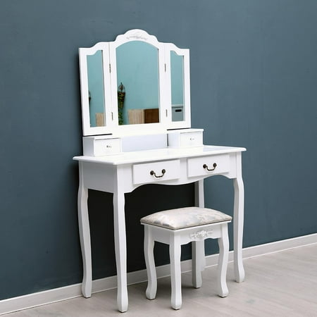 - Ktaxon Tri Folding Mirror Set Makeup Table Wood Vanity Dresser 4 Drawers & Stool Jewelry Desk