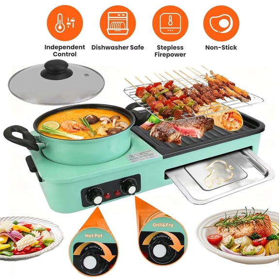 Electric Hot Pot with Grill, 3-in-1 Non-Stick Cooker & Griddle with Dual Temperature Control, Smokeless Indoor BBQ Grill for 2-5 People Korean BBQ Shabu