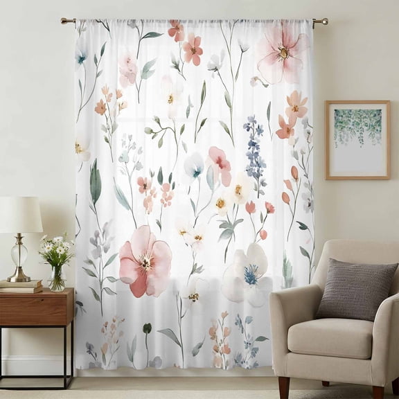 Pink Floral Sheer Curtains 72 Inches Long, Farmhouse Watercolor Spring Flowers Herbs Light Filering Curtains, Breathable Simi Curtain Privacy Drapes for Living Room Bedroom Window Treatment
