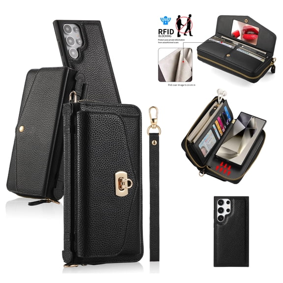 Compatible with Samsung Galaxy S26 Ultra Crossbody Wallet Purse Phone Case, Detachable Magnetic, RFID Blocking Card Holder, Zipper Lychee Texture Leather Wrist Lanyard Strap Case for Women, Black