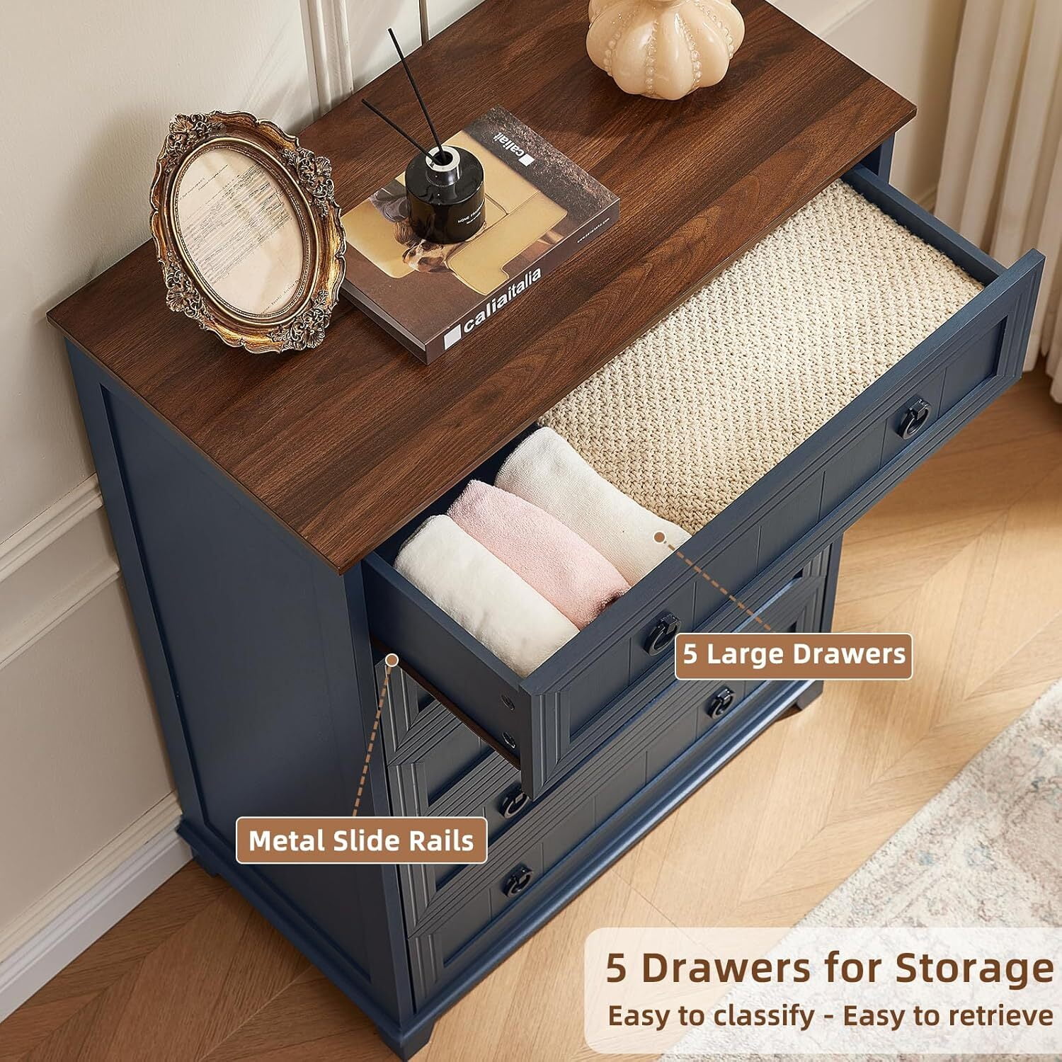Joaxswe 5 Drawer Dresser Tall, Farmhouse Blue Chest of Drawers with Anti-Tip, Adult Large Storage for Bedroom, Hallway, Entryway