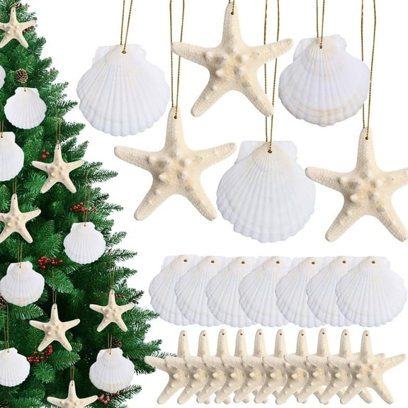 Sinkoo 20pcs Christmas Tree Ornaments, Natural Starfish Sea Shells Hanging Decorations, Beach Coastal Christmas Decor for Home Party Wedding Birthday Craft Projects