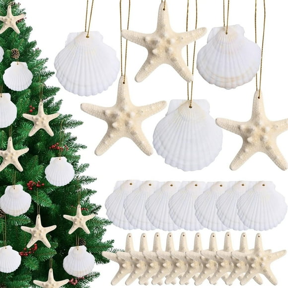 Sinkoo 20 PCS Christmas Tree Hanging Ornaments Natural Starfish Sea Shells Decorations Beach Style for Wedding Birthday Craft Projects