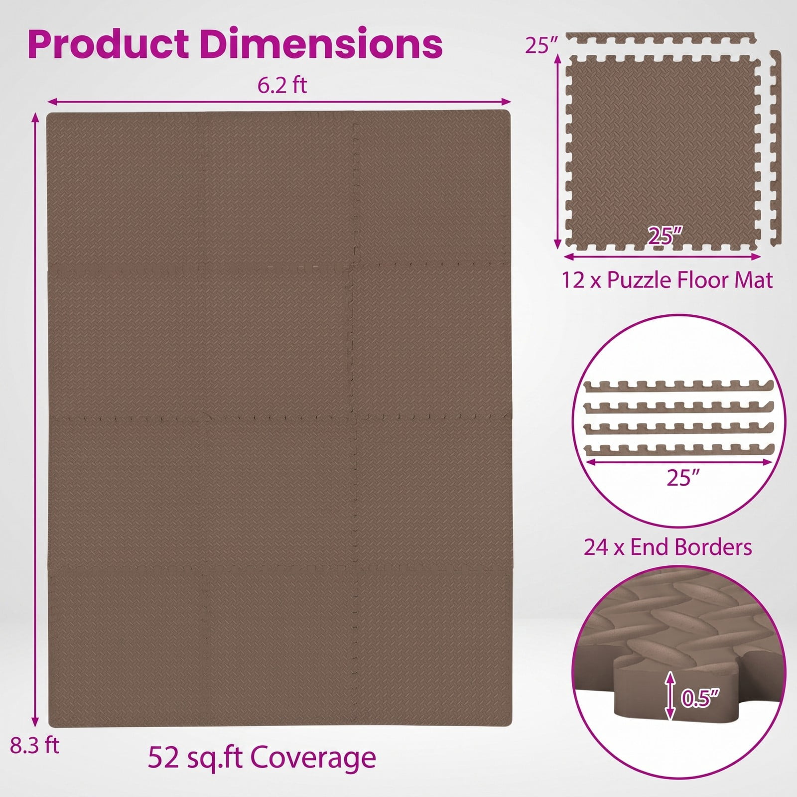Airfind 12 Tiles Puzzle Exercise Floor Mat with Interlocking EVA Foam and Non-Slip Texture for Home Gym Equipment Protection, Brown