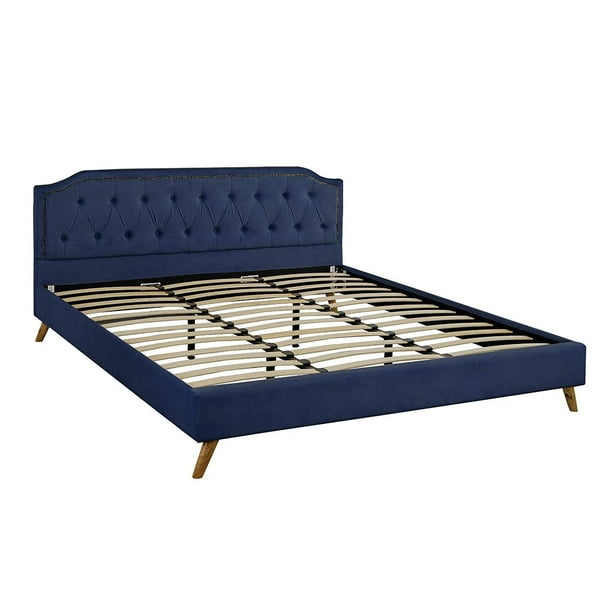 Modern Platform Bed Frame Tufted Microfiber Velvet Headboard Navy Blue King Walmart Com Walmart Com