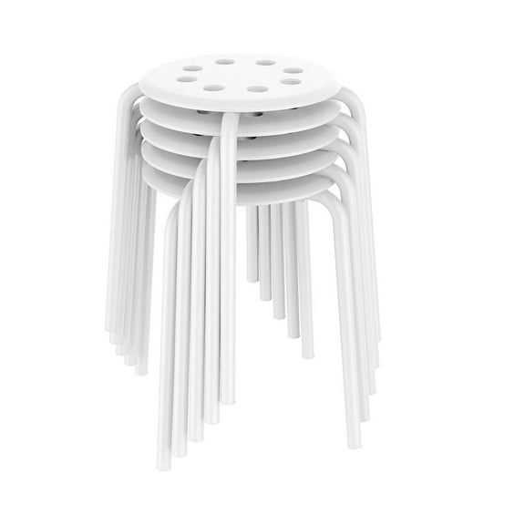 Set of 5 Commercial Plastic Stackable Stools, 17.3in Height Round Top Backless Stool with Metal Leg for Kitchen, Dining Room, Pub, White