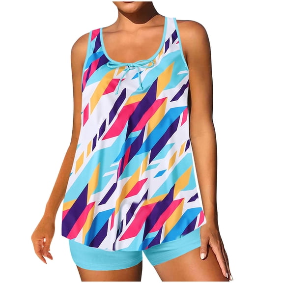Summer Bathing Suit for Women Print Top with Adjustable Straps with Matching Solid Short for Beach & Pool