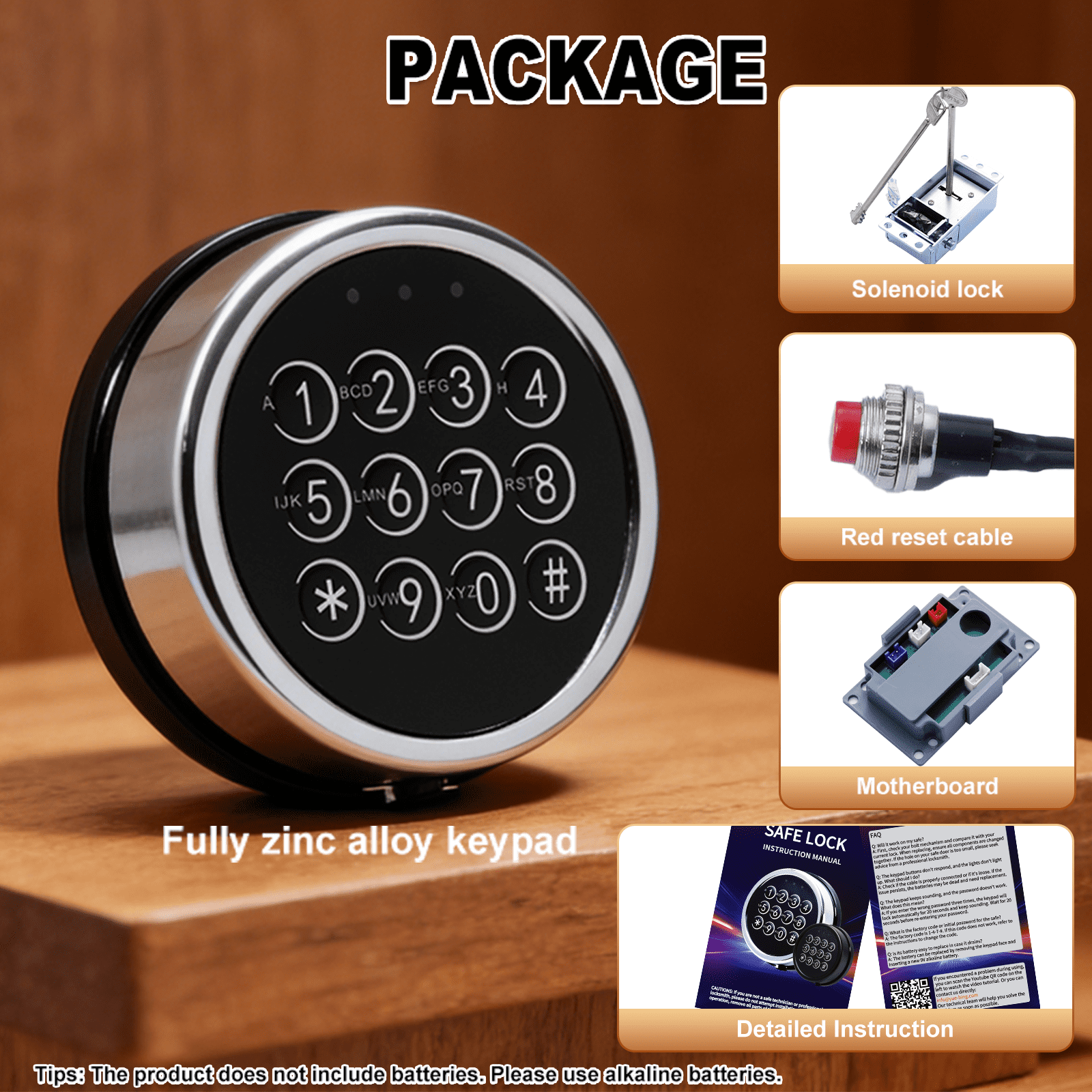 Chrome Keypad Electronic Gun Safe Lock Replacement, Stack on Safe Lock with Solenoid Lock, 2 Override Keys