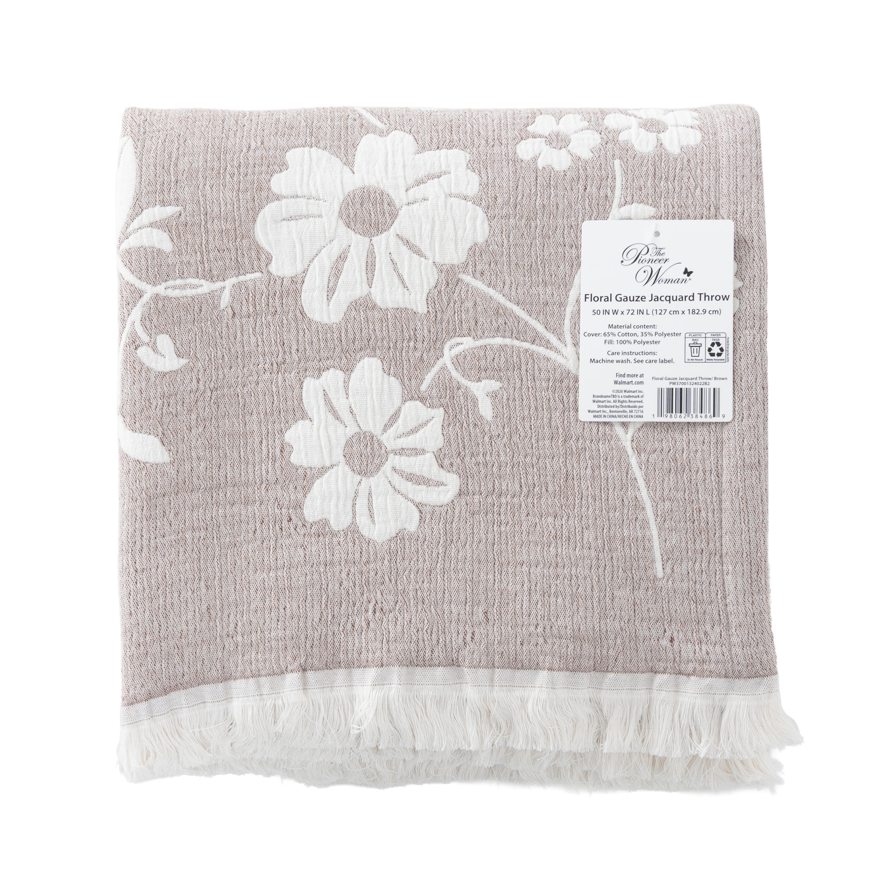 The Pioneer Woman Floral Gauze Oversized Couch Throw Blanket, Brown, 50 x 72 in