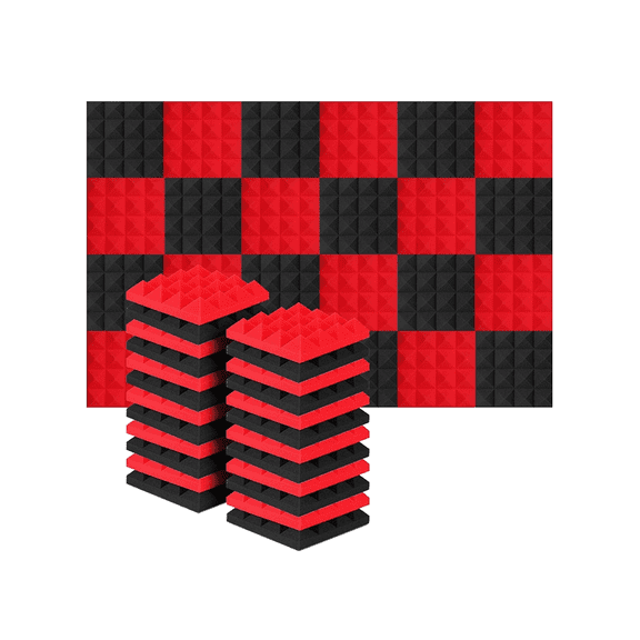 24Pcs 25X25X5Cm Studio Acoustic Soundproof Foam Pyramid Noise Insulation Sound Absorption Treatment Panels Black Red