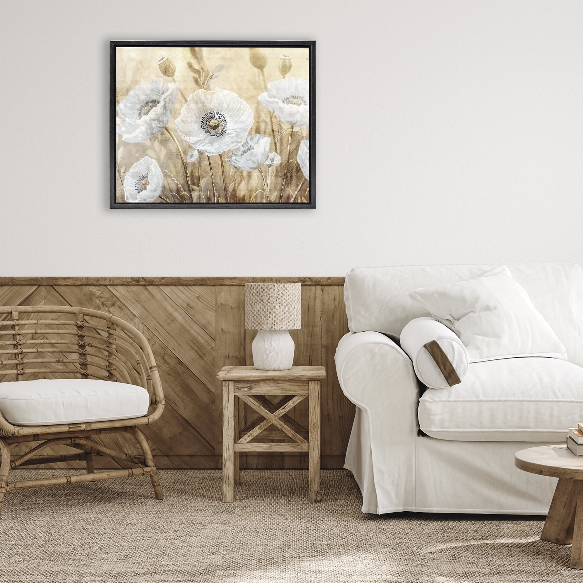Stupell Industries White Poppies Beige Field Black Framed Floater Canvas Wall Art, design by Kim Allen