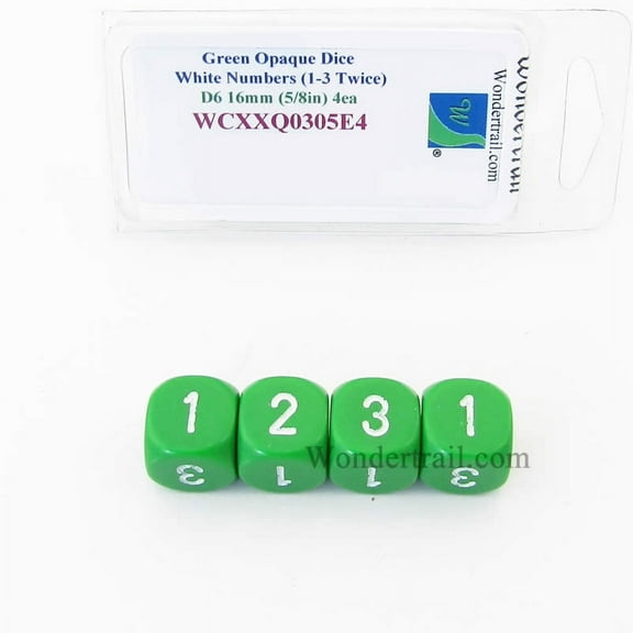 Green Opaque Dice with White Numbers D3 (D6 1-3 Twice) 16mm (5/8in) Pack of 4 Wondertrail