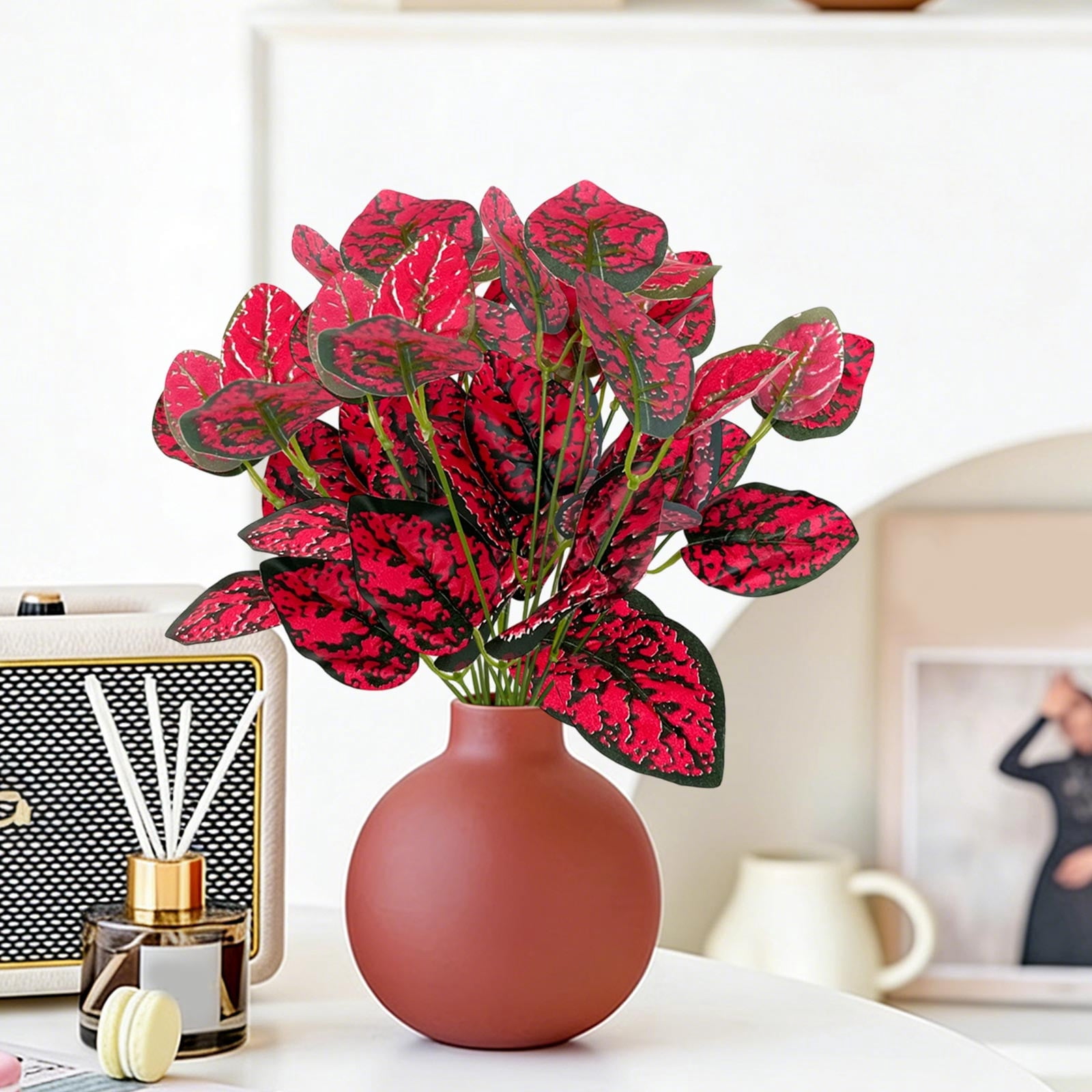2Pcs Artificial Foliage Bush Red Yellow Green Variegated Fake Leaves Sprigs Plastic Faux Greenery for Home Kitchen Office Wedding Party Garden Decor,Red