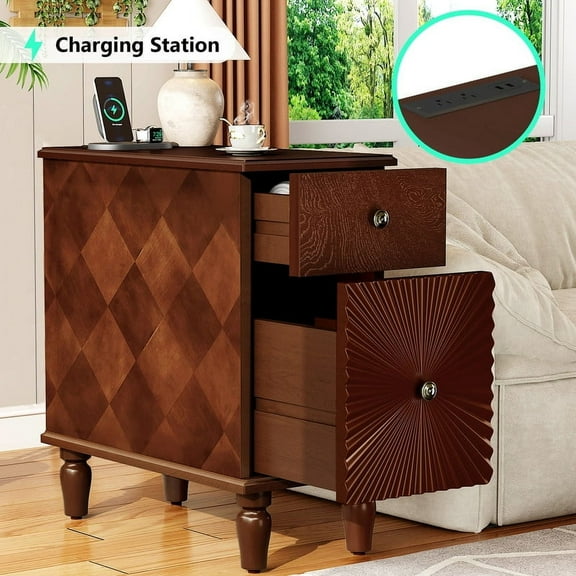 End Table with Charging Station, Nightstand with Storage Drawers, Narrow Bedside Table for Living Room, Bedroom, Family Room （Walnut）