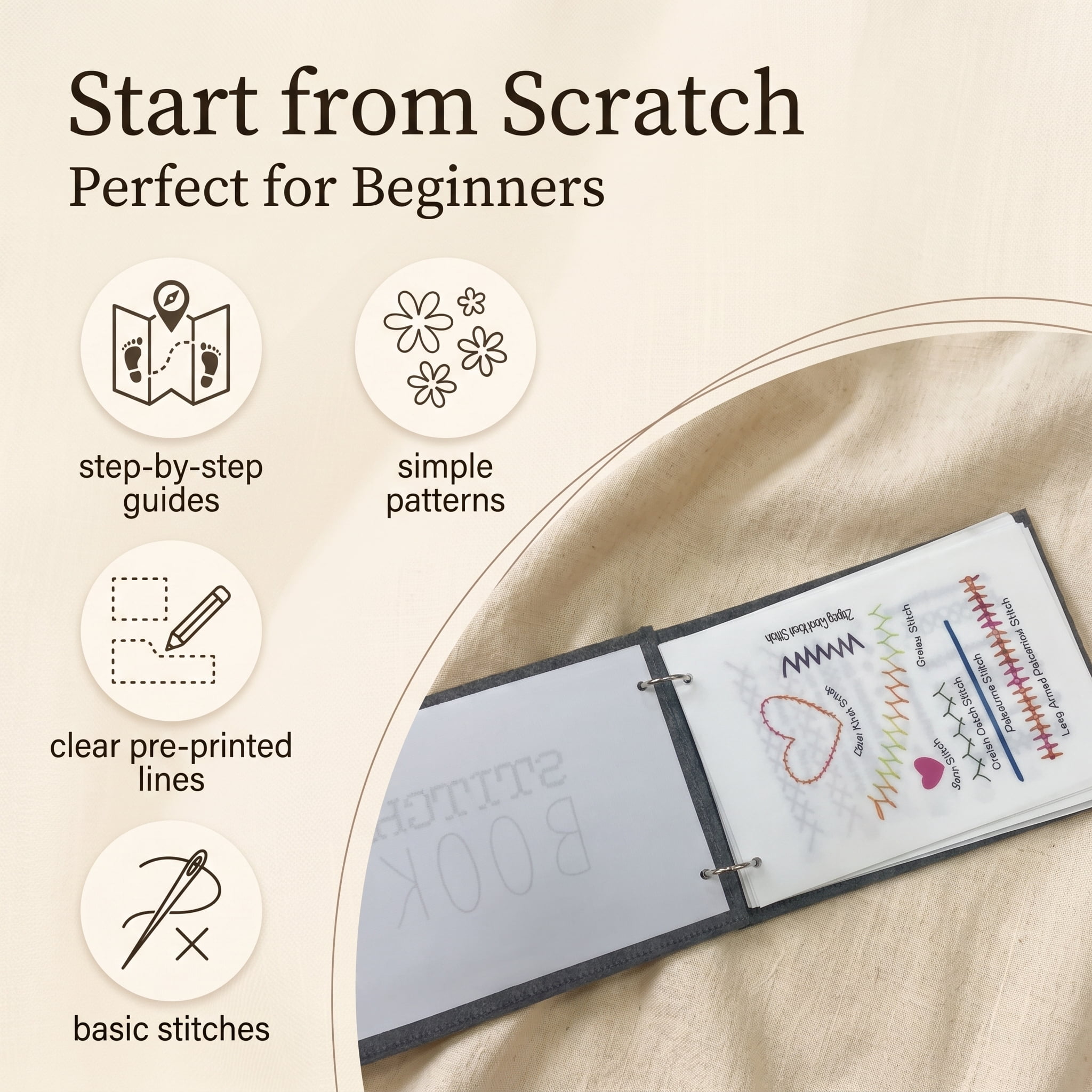 DYONDER Beginner Embroidery Practice Notebook, Detachable Pre-Printed Fabric Sheets, Hand Sewing DIY Craft Gift Supplies